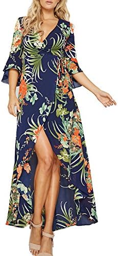 WeLoving Women's Floral Print Maxi Dress - 3/4 Sleeves Sexy Deep V-neck Casual Long Dress with Belt Cyber Monday Deals