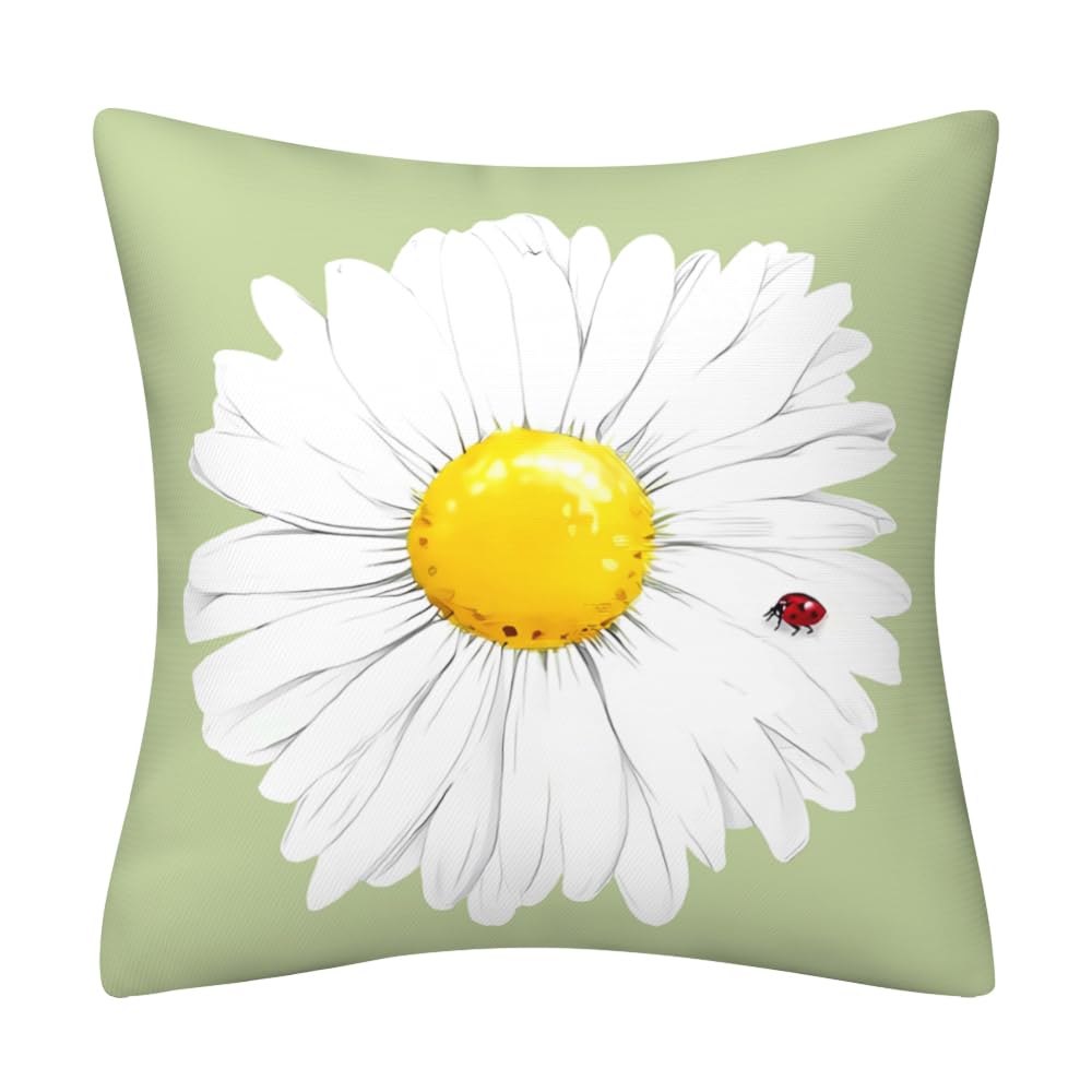 Cushion Covers 45 x 45 cm White Daisy Light Green Square Modern Double-Sided Decorative Pillows Covers for Sofa Couch Livingroom Chair Decor Pillow Case 18 x 18 inch