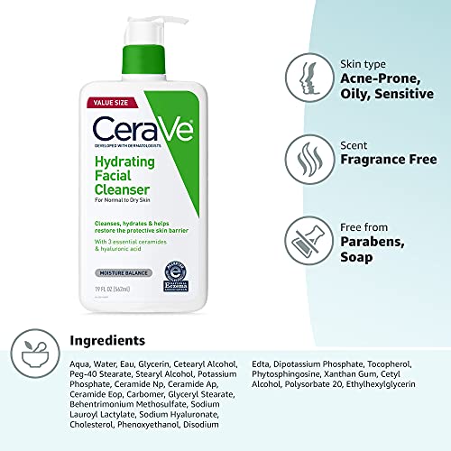 CERAVE HYDRATING FACIAL CLEANSER, MOISTURIZING FACE WASH FOR DRY SKIN, HYALURONIC ACID + CERAMIDES + GLYCERIN, HYDRATING CLEANSER FOR NORMAL TO DRY SKIN, NATIONAL ECZEMA ASSOCIATION CERTIFIED