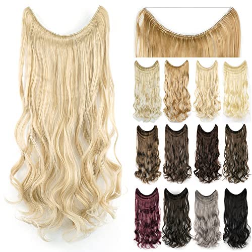 IMISSU 22'' 26'' Long Body Wavy Hair Extensions Fish Line Hairpiece Synthetic Invisible Secret Wire Headwear Flip Curly Hair Extension Pieces (22 Inch,Beach Blonde)