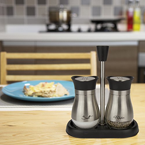 Evelyne GMT-10406 Stainless Steel Glass Bottom Casing Salt and Pepper Shakers Set with Tray and Letter Initial
