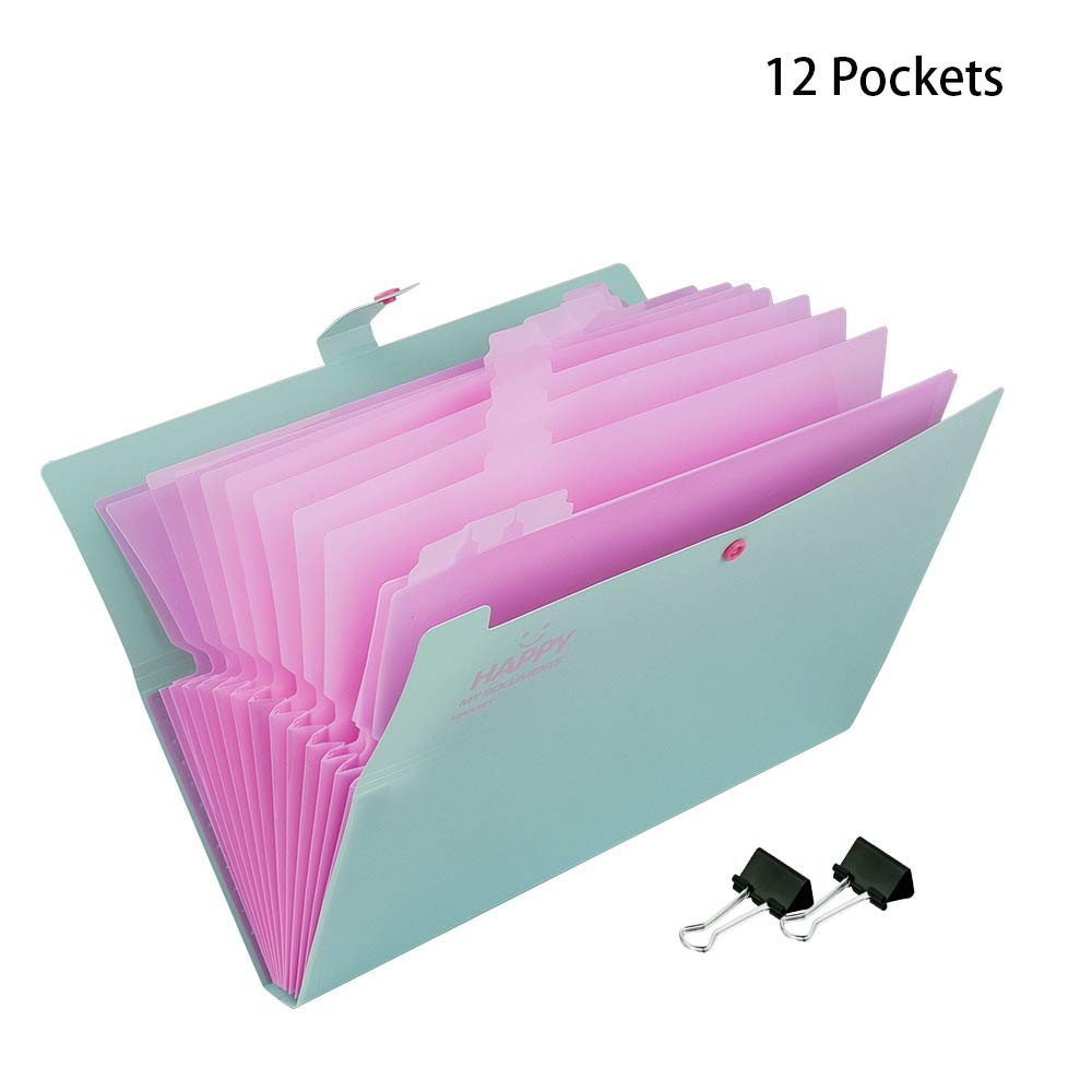 12 Pockets Expanding File Folder with 2 Pcs Binder Clips