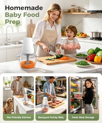 QUVIF Food Processor Electric Food Chopper Meat Grinder & Vegetable Chopper with Magnetic Easy-Clean Spindle & Serrated Blades, Power Copper Motor, for Meat/Vegetables/Fruits/Ice Cubes (Pure White)