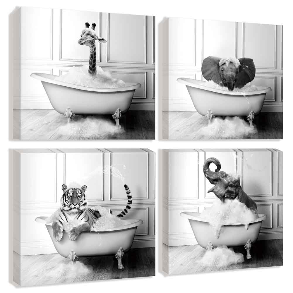 Funny Animal Kids Bathroom Wall Art Cute Life Toddler Canvas Black and ...