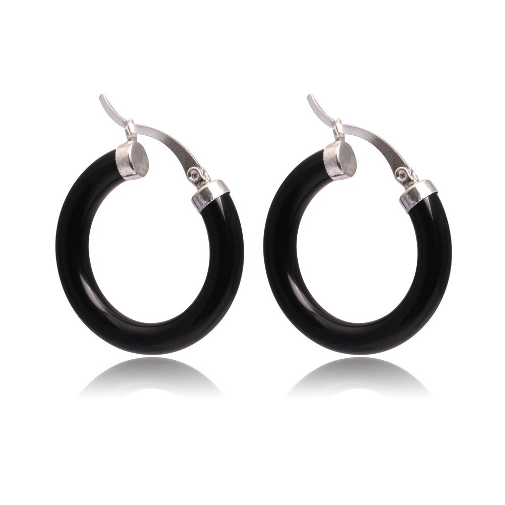 Sweet & Happy Girl's Store 30mm Black Agate Ring Beads Marcasite Tibetan Silve Earclip Stud Hoop Earrings Jewelry
