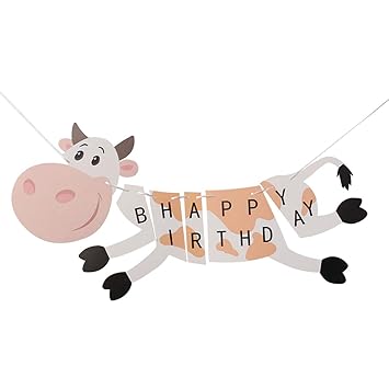 Tendycoco Happy Birthday Banner Cartoon Cow Pattern Animal Flag