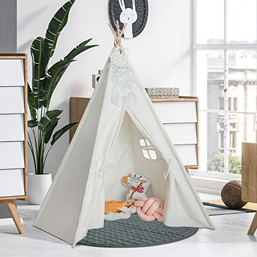 UKadou Upgrade Kids Teepee Tent โ with Teepee Stabilizer, Dreamcatcher, Fairy Lights & Soft Blanket, 100% Natural Canvas Teepee Playhouse