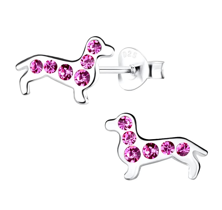Sausage Dog Earrings with Pink Crystal Stones 925 Sterling Silver