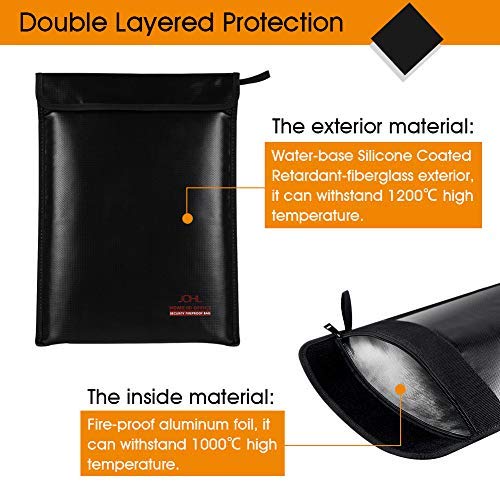 JCHL Fireproof Documents Bag Fire Water Resistant Bag 15"x11" Fireproof Bag Safe Storage for Money Documents Jewelry LiPo Battery Passport No-Itch Silicone Coated Fiberglass (New Upgraded) Black