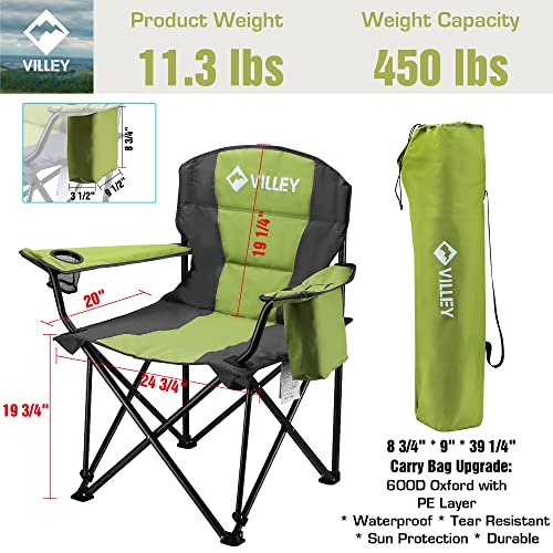 VILLEY Camping Chair, Oversized Folding Camp Chair, Portable Outdoor Chairs Support 450 LBS with Padded Seats, Cooler Bag, Cup Holder, Carry Bag, Green