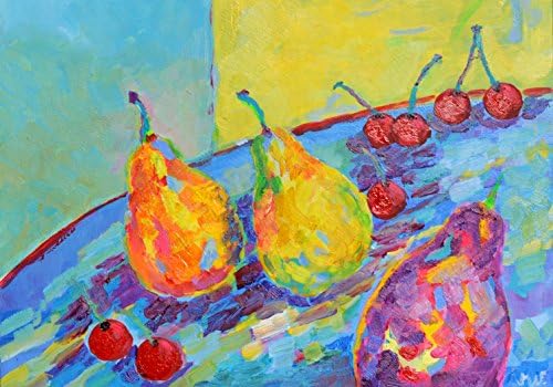 Still life POSTER PRINT A3 Pears Cherries Fruit Original Impressionist Food Painting Kitchen Artwork for Wall Decor
