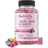 NutriLife Advanced Hair, Skin & Nails Gummies – Biotin with Vitamin C & E – Vegan Beauty Support – Promotes Hair Growth, Strong Nails & Radiant Skin – Non-GMO, Gluten-Free, Made in USA
