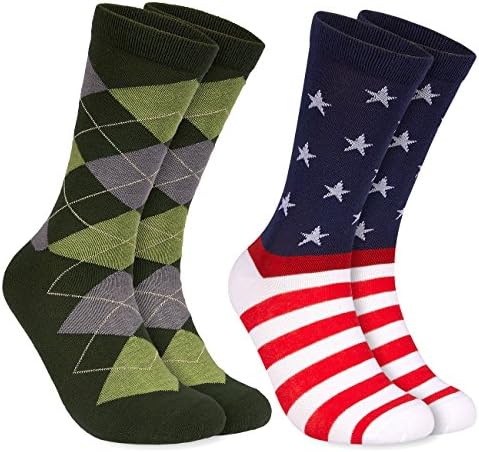 2-Pair Male Novelty Socks - Funny Socks with Printed American Flag and Argyle Pattern, Fits Shoe Size US 6-12