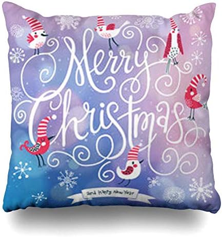 Hwensona Throw Pillow Cover Snowfall Blue Text Fantastic Merry Christmas Cute Holidays Purple Pink Season Greeting Bird Heart Decorative Pillow Case 18x18 Inches Square Home Decor Pillowcase