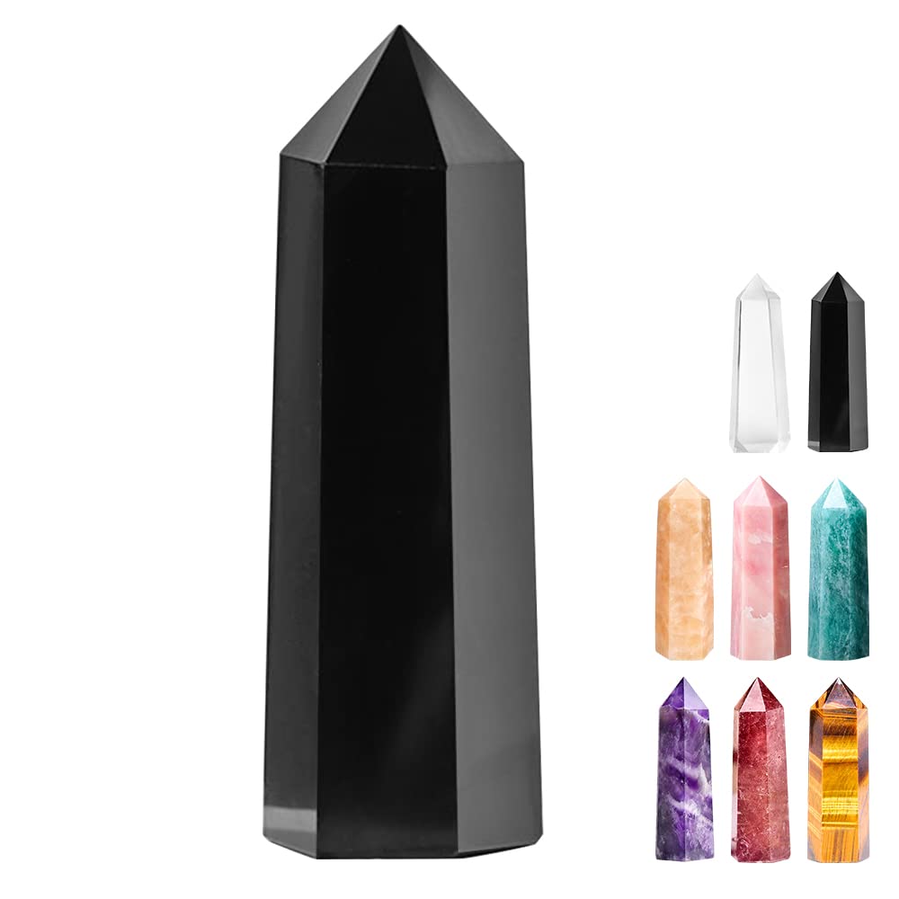 Tyuodna Healing Crystal Point Wand, 70-80mm Healing Crystal Stones,Quartz Crystal Stones Hexagon Crystal Wands,Amethyst Rose Quartz Crystal,for Reiki Chakra Meditation Therapy Deco (Obsidian)