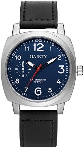 Gaiety Tonneau Men's Dress Watches Leather Strap Analog Quartz Arabic Numbers G454 (Black band+blue dial)