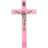 Religious Gifts Pearlized Latin Cross Cruxifix with Pewter Christ Corpus, 7 Inch (Pink)