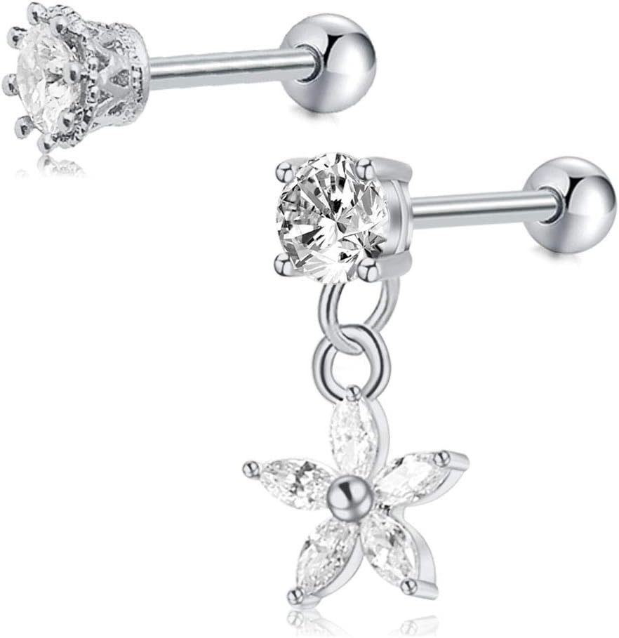 2pcs Stainless Steel Tragus Helix Cartilage Bars with Dangle CZ 16G 6mm Barbell Stud Earring Piercing Silver