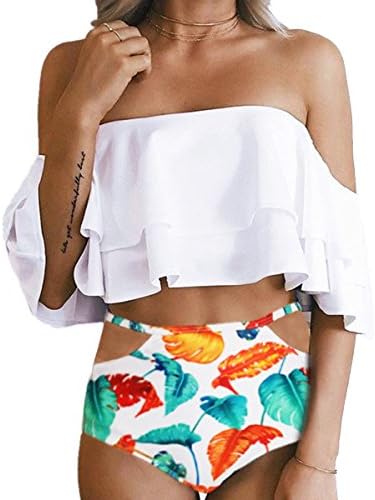 Univivid Women's Two Piece Swimsuit Vintage Off Shoulder Ruffled Flounce Falbala Padded Bikini Top With Cute Floral Bathing Suit Bottom,White Bikini,Medium