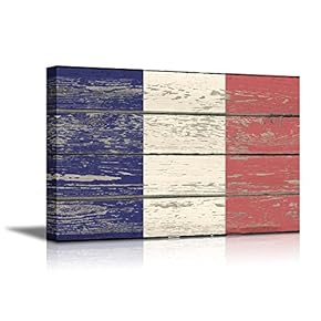 Flag of France on Vintage Wood Board Background Stretched