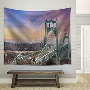St Johns Bridge in Portland Oregon Over Willamette River with Mt St Helens View - Fabric Wall Tapestry Home Decor - 51x60 inches