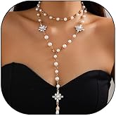 Long Pearl Tassel Chain Necklace Gold/Silver Plated CZ Cross Pendant Necklace Faux Pearl Beaded Long Chain Y Lariat Necklace Layered Pearl Cross Necklace for Women