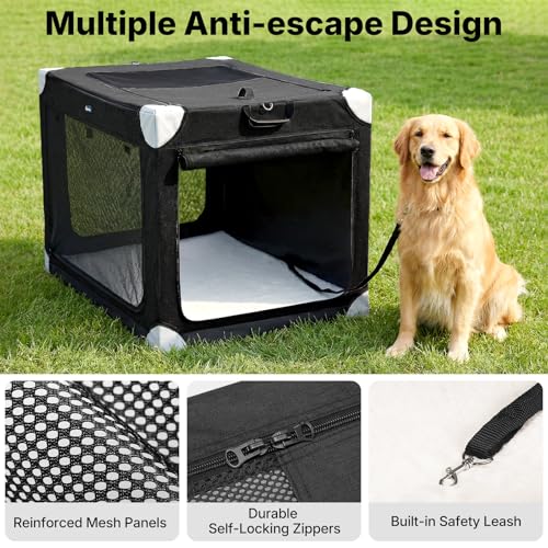 Veehoo Collapsible XL Dog Crate, Portable Travel Soft Dog Crates for Large Dogs up to 90 lbs, 48 Inch Foldable Pet Kennel with 4-Door Mesh Windows for Indoor Outdoor, Black