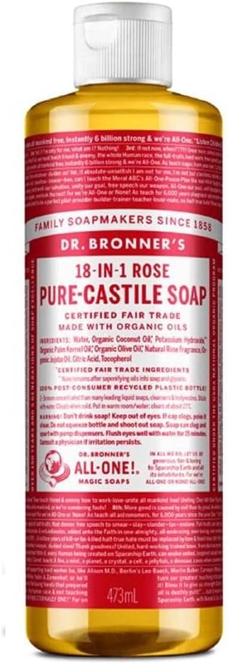 Dr Bronner's Rose Castile Liquid Soap 473ml Organic Oils Vegan Fair Trade