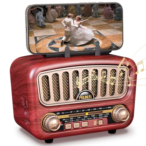 PRUNUS J-180 Portable Radio Vintage FM/AM(MW)/SW, Portable Bluetooth Radio, with Mobile Phone Holder, 1800 mAh Rechargeable Battery, Supports TF Card/AUX/USB