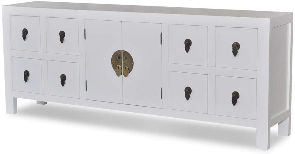 Allblessings White TV Cabinet Vintage Wood 8 Drawers 2 Door Storage Console Sideboard