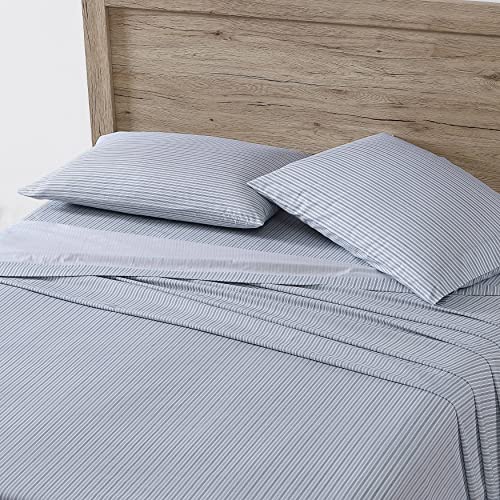 Eddie Bauer Home Sheets Cotton Percale Bedding Set, Crisp & Cool, Stylish Home Decor, 4 Pieces, Queen, Ticking Stripe Light Blue/Denim Blue