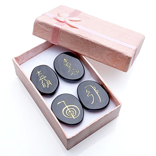 QGEM Black Agate Engraved Usui Reiki Symbols Chakra Stones Healing Palm Stone Decoration w/Box 4pcs