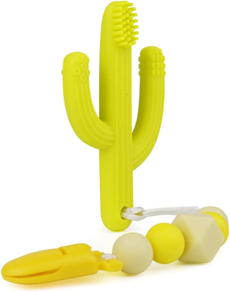 KEFU Baby Teether Toys Cactus Teething Toy Toothbrushc and Silicone Pacifier Clips,Self-Soothing Pain Relief Teether Training Toothbrush for Babies, Toddlers, Infants,BPA Free, (Yellow)