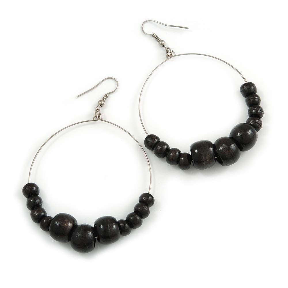 50mm Diameter Black Wood Bead Hoop Drop Earrings In Silver Tone - 75mm Long
