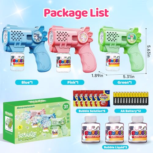 Tecnock 3 Pack Automatic Bubble Guns for Kids, 12 AA Batteries Included, 3 Solution Bottles and 5 Refills, Lightweight, Leak-Proof, Birthday and Party Gift