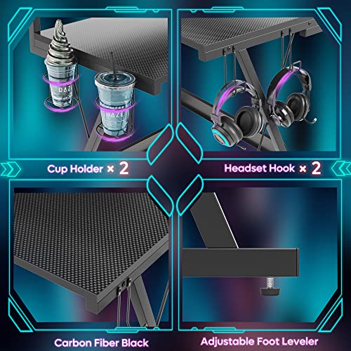 Bestier Computer Desk 51”L Shaped Gaming Desk with LED Lights 2 Headset