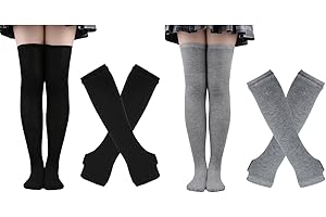 ZXOLDZX 4 Pairs Womens Striped Arm Warmers Goth Y2K Knitted Fingerless Gloves with Long Knee High Socks Set
