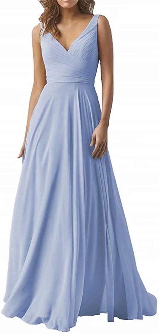EEFZL Women's Double V Neck Bridesmaid Dress Long Chiffon Prom Evening Juniors Graduation Gowns