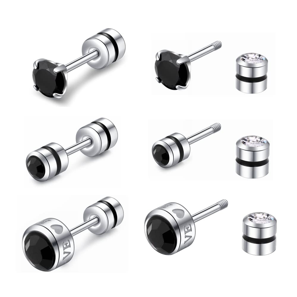 ZOCOYUU 3 Pair Surgical Steel Screw Back Cubic Zirconia Stud Earrings Set for Women Girls, Hypoallergenic 20G Helix Piercing Jewelry Cartilage Earrings for Sensitive Ears(3 Pairs Black(4mm,5mm,4mm))