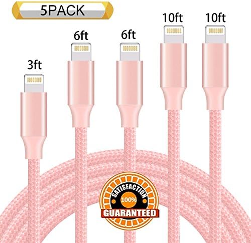 Suanna iPhone Charger 5Pack 3FT 6FT 6FT 10FT 10FT Nylon Braided Certified Lightning to USB iPhone Cable Cord for iPhone X 8 7 Plus 6S 6 SE 5S 5C 5, iPad 2 3 4 Mini Air Pro, iPod Nano 7 - Pink