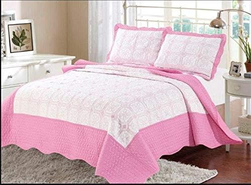 3 Piece Poly Cotton Floral Embroidered Quilted Bedspread Comforter Throw Bedding (King Bed, Pink)