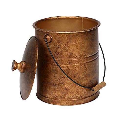 ROVSUN 3 Gallon Ash Bucket with Lid & Flexible Wood Handle, Portable