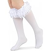 Matwsec 1 Pairs Lace Knee High Socks, Cute White Knee High Socks for Women Girl, Ruffle Frilly Bow Socks, Soft Princess Loli Long Sock for Loli Clothing Accessories Daily Wear School Dating Dance