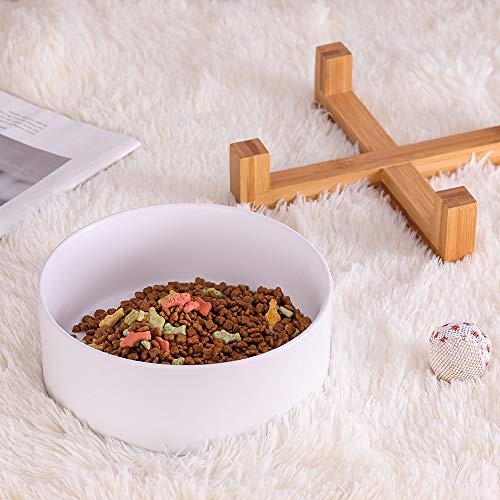 White Ceramic Dog Bowls with Wood Stand, Dog Water Bowls and Food Dish