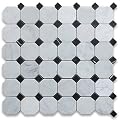 Carrara White Italian Carrera Marble Octagon Mosaic Tile Black Dots 2 inch Polished