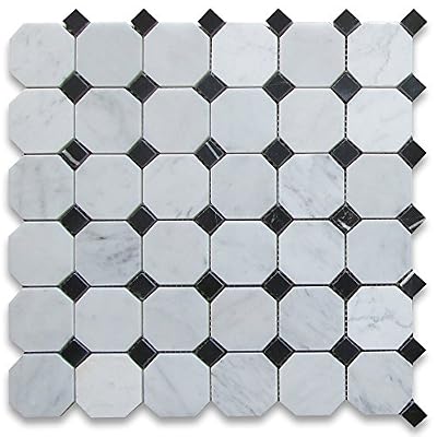 Carrara White Italian Carrera Marble Octagon Mosaic Tile Black Dots 2 inch Polished