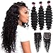 Brazilian Deep Wave Human Hair 3 Bundles with Closure (26 28 30 + 20 Free Part) 9A Unprocessed Brazilian Virgin Human Hair Deep Curly Hair Weave Bundles with Closure Natural Color