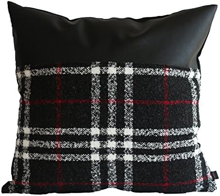 Kdays Tartan Black Check Pillow Cover Designer Modern Throw Pillow Cover Decorative Faux Leather Pillow Cover Handmade Cushion Cover 18x18 Inches