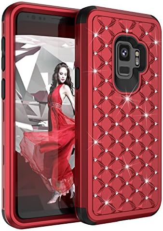 Galaxy S9 Plus Case, AOKER 3 IN 1 Luxury Bling Crystal Dimond Hybrid Heavy Duty [Drop Defense] Shockproof Impact Protection Defender Protective Case for Samsung Galaxy S9 Plus 2018 (Red-B)
