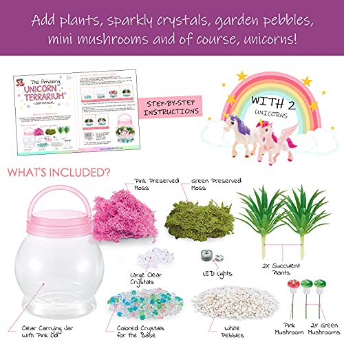 Unicorn Terrarium Kit + 2 Unicorn Toys for Girls, Grow a Fairy Garden Kit for Kids w/LED